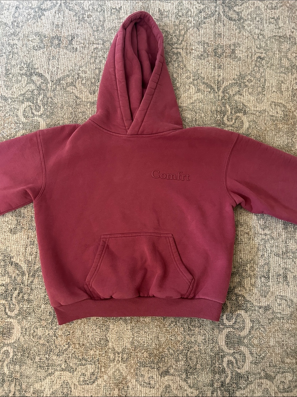 Kids' Cozy Maroon Hoodie with Subtle 'Comfort' Embroidery